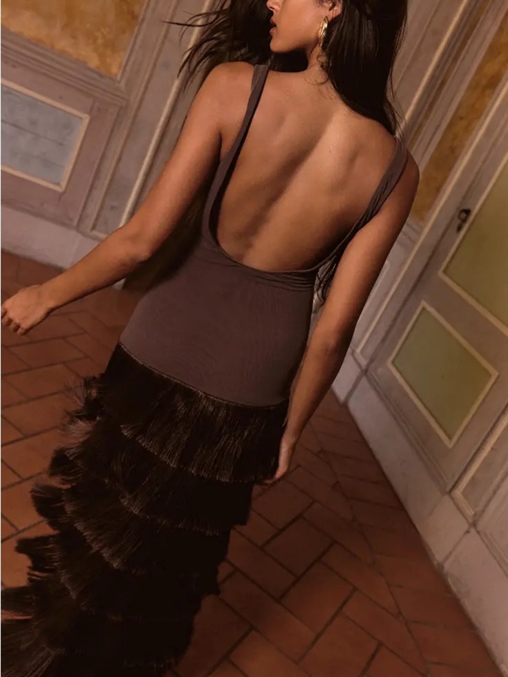 PrettyLittleThing Brown Mesh Fringe Maxi Dress (FLAWED - READ DESCRIPTION) - Picture 2 of 7